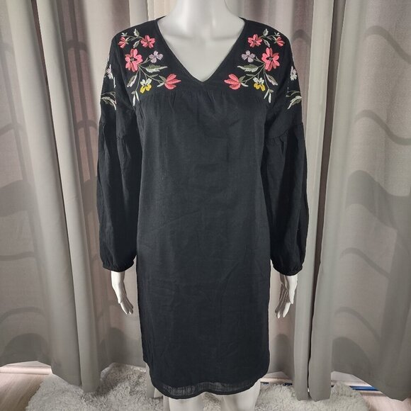 Old Navy Cotton Blend Tunic Dress Black Embroidered V-Neck Lined Size Medium - Picture 3 of 13
